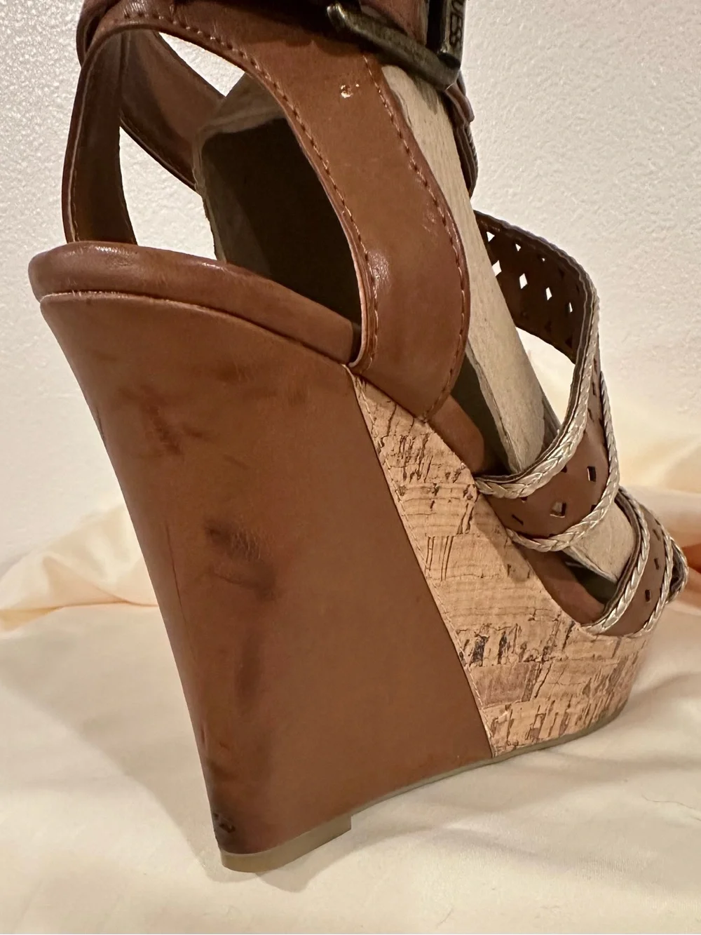 Guess Brown and Gold Braided Strappy Wedges